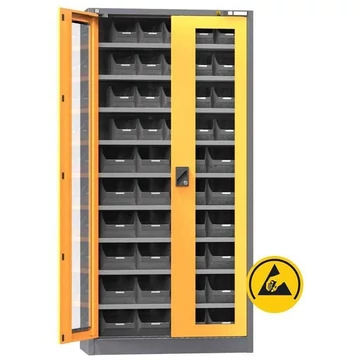 ESD műhelyszekrény 44 állványdobozzal, ma x sz x mé: 1950x950x400 mm, ablakos ajtó, 9 polc, antracit RAL7016 / narancs RAL1028