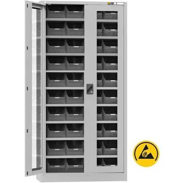 ESD műhelyszekrény 40 állványdobozzal, ma x sz x mé: 1950x950x400 mm, ablakos ajtó, 9 polc, szürke RAL7035