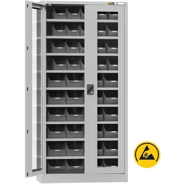 ESD műhelyszekrény 44 állványdobozzal, ma x sz x mé: 1950x950x400 mm, ablakos ajtó, 9 polc, szürke RAL7035