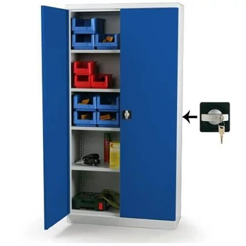 Dupla szárnyasajtós szekrény, h x sz x ma: 1990 x 1200 x 435 mm, ház színe világosszürke RAL7035 / ajtó színe enciánkék RAL9005