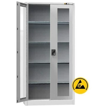 ESD műhelyszekrény, ma x sz x mé: 1950x950x400 mm, ablakos ajtó, 4 polc 100 kg, színe világosszürke RAL7035