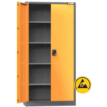 ESD műhelyszekrény, ma x sz x mé: 1950x950x400 mm, szárnyas ajtók, 4 polc 100 kg, szín antracit RAL7016 / narancs RAL1028