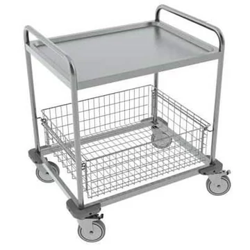 Rozsdamentes acél asztalkocsi, hegesztett, 1 polc + 1 drótkosár, m x h x sz: 890x800x630 mm.