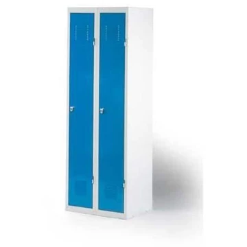 Lapra szerelt szekrény, kétajtós, 2 x 300 mm, vázszerkezet világosszürke RAL7035, ajtók jelzőkék RAL5005, forgó retesz