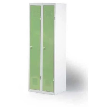 Lapra szerelt szekrény, kétajtós, 2 x 300 mm, vázszerkezet világosszürke RAL7035, ajtók Reseda zöld RAL6011, forgórögzítő