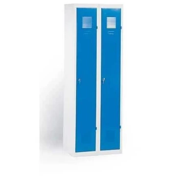 Lapra szerelt szekrény, kétajtós, 2 x 300 mm, vázszerkezet világosszürke RAL7035, ajtók jelzőkék RAL5005, hengerzár