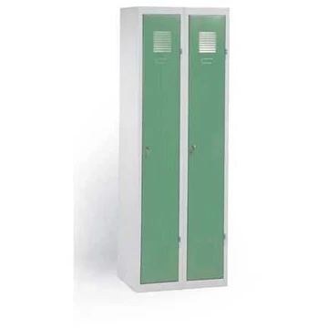 Lapra szerelt szekrény, kétajtós, 2 x 300 mm, vázszerkezet világosszürke RAL7035, ajtók Reseda zöld RAL6011, hengerzár