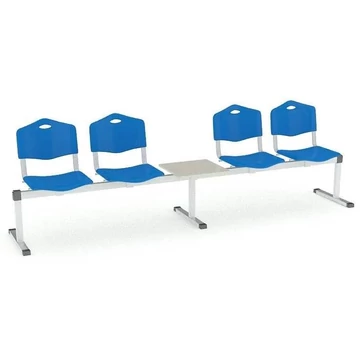Pad - 4 ülés tárolóasztallal, hossza 2910 mm, műanyag ülés, kék szín, keret alumínium színű