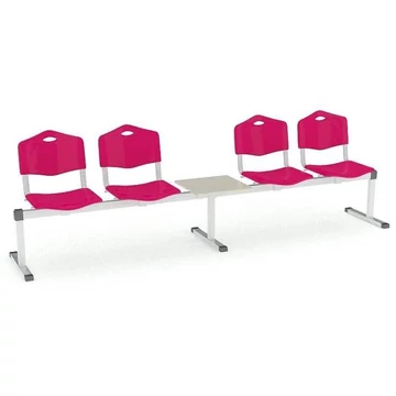 Pad - 4 ülés tárolóasztallal, hossza 2910 mm, műanyag ülés, piros szín, keret alumínium színű