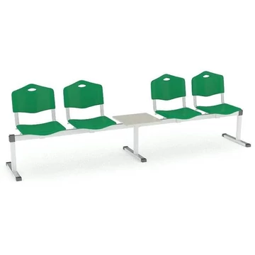 Pad - 4 ülés tárolóasztallal, hossza 2910 mm, műanyag ülés, zöld színű, keret alumínium színű
