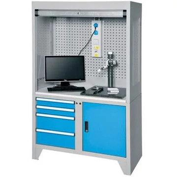 Tesztelő és ellenőrző munkaállomás, sz x mé x ma: 1200x600x2030 mm, 4x fiók, 1 x szekrény, ajtó színe kék RAL5012