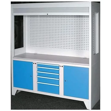 Tesztelő és ellenőrző munkaállomás, szélesség x mélység x magasság: 1800x600x2030 mm, 5x fiók, 2 x speciális szekrény, ajtó színe kék RAL5012