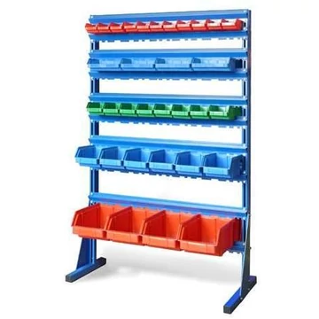 Polc nyitott elülső tárolódobozokkal, TechBox, kék kivitelű, Szé x Ma: 940x1540 mm, egyoldalas, kukák száma: 33 db.