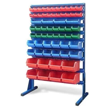 Polc nyitott elülső tárolódobozokkal, TechBox, kék kivitelű, Szé x Ma: 940x1540 mm, egyoldalas, kukák száma: 62 db.