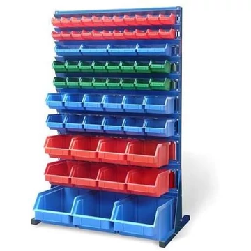 Polc nyitott elülső tárolótartókkal TechBox, kék felépítésű, Szé x Ma: 940x1540 mm, egyoldalas, szemetesek száma: 65 db.