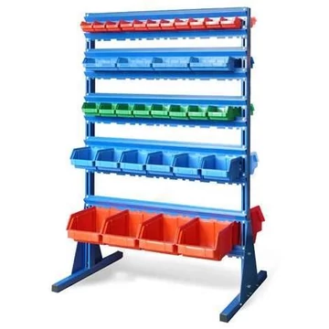 Polc nyitott elülső tárolódobozokkal, TechBox, kék kivitelű, Széx Ma: 940x1540 mm, kétoldalas, kukák száma: 66 db.