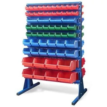 Polc nyitott elülső tárolódobozokkal, TechBox, kék kivitelű, Szé x Ma: 940x1540 mm, kétoldalas, kukák száma: 124 db.