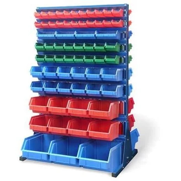 Polc nyitott elülső tárolótartókkal TechBox, szürke kivitelű, Szé x Ma: 940x1540 mm, kétoldalas, kukák száma: 130 db.