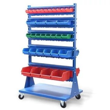 Polc nyitott elülső tárolódobozokkal, TechBox, szürke kivitelű, szélesség x magasság: 940x1540 mm, mindkét oldalon mozgatható, tartályok száma: 66 db.