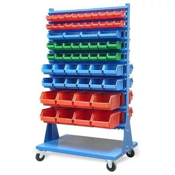 Polc nyitott elülső tárolódobozokkal, TechBox, kék kivitelű, Szé x Ma: 940x1540 mm, mindkét oldalon mozgatható, kukák száma: 124 db.