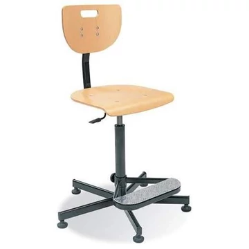 Bükk rétegelt lemezből készült munkaszék, magas, csúszótalpakkal és lábtartóval.