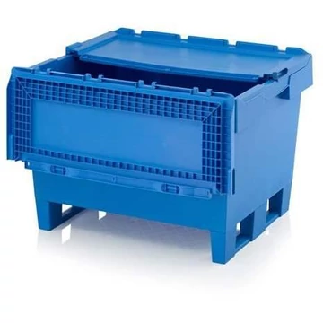 Többutas tároló, fedéllel, raklapfogantyúval, 2 futóval, 800 x 600 x 540 mm