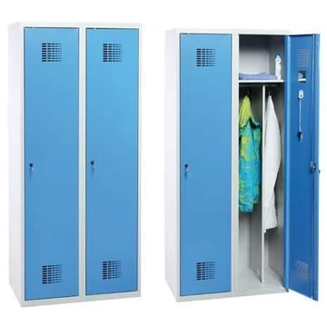 WEMO öltözőszekrény, hegesztett, 2 x 400 mm, ajtó színe kék RAL5012, láb nélkül, három ponton reteszelő rúdzár hengerzárral