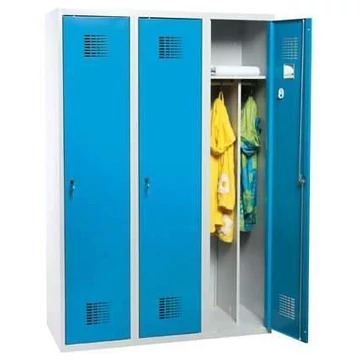 WEMO öltözőszekrény, hegesztett, 3 x 400 mm, ajtó színe kék RAL5012, láb nélkül, három ponton reteszelő rúdzár hengerzárral