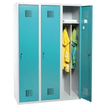 WEMO öltözőszekrény, hegesztett, 3 x 400 mm, ajtó színe türkizkék RAL5018, láb nélkül, három ponton reteszelő rúdzár hengerzárral