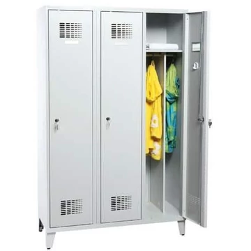 WEMO öltözőszekrény, hegesztett, 3 x 400 mm, az ajtó színe szürke RAL7035, lábbal, három ponton reteszelő rúdzár hengerzárral