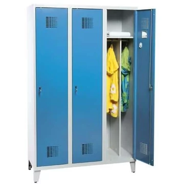 WEMO öltözőszekrény, hegesztett, 3 x 400 mm, ajtó színe kék RAL5012, lábbal, három ponton reteszelő rúdzár hengerzárral