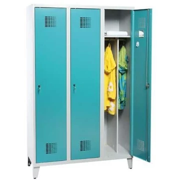 WEMO öltözőszekrény, hegesztett, 3 x 400 mm, ajtó színe türkizkék RAL5018, lábbal, három ponton reteszelő rúdzár hengerzárral
