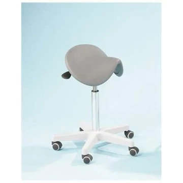 Laboratóriumi nyeregszék világosszürke, fehér és krómozott vázzal, puha görgőkkel
