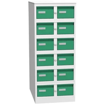Iratszekrény A6 formátumhoz, 12 fiók, ma x sz x mé: 1250 x 438 x 600 mm, színes szürke RAL7035 / zöld RAL6024