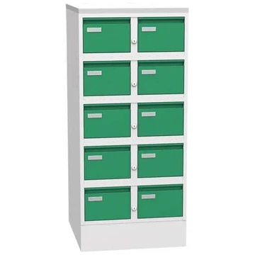 Iratszekrény A5 kartoték formátumhoz, 10 fiók, ma x sz x mé: 1250 x 560 x 600 mm, színes szürke RAL7035 / zöld RAL6024