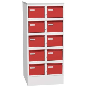 Iratszekrény A5 kartoték formátumhoz, 10 fiók, ma x sz x mé: 1250 x 560 x 600 mm, szín szürke RAL 7035 / piros RAL3000