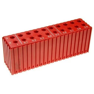 Műanyag doboz 8–9,9 mm átmérőjű furatok tárolásához - D8-D9.9, modul 20x5, piros szín.