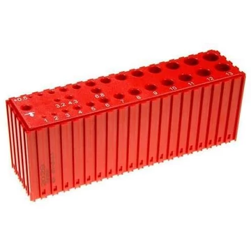 Műanyag doboz 12-13,9 mm átmérőjű furatok tárolásához - D12-D13.9, modul 20x5, piros szín.
