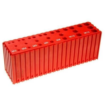 Műanyag doboz az M3-M12 csapok tárolásához, 20x5 modul, piros színű.