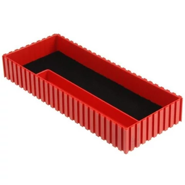 Műanyag tálca mérőeszközök tárolásához, 102x252x35 mm, modul 10x25, piros szín.
