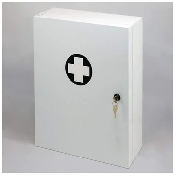 Elsősegély fali szekrény, fémből, zárral, üres