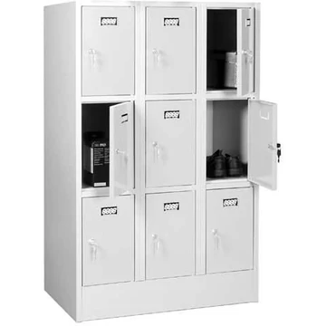 Hegesztett acélszekrény, vízszintesen osztva, 9 rekesz, szélesség 900 mm, az ajtó színe szürke RAL7035