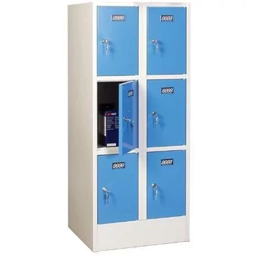 Hegesztett acélszekrény, vízszintesen osztva, 6 rekesz, szélesség 600 mm, ajtó színe kék RAL5012