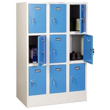 Hegesztett acélszekrény, vízszintesen osztva, 9 rekesz, szélesség 900 mm, az ajtó színe kék RAL5012