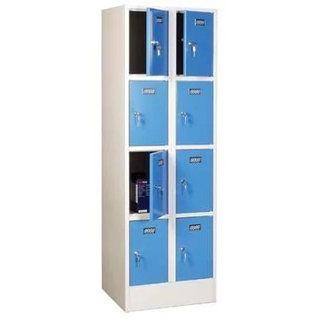 Hegesztett acél szekrény, vízszintesen osztva, 8 rekesz, szélesség 600 mm, ajtó színe kék RAL5012