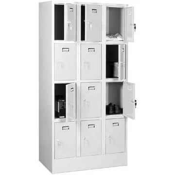 Hegesztett acélszekrény, vízszintesen osztva, 12 rekesz, szélesség 900 mm, az ajtó színe szürke RAL7035