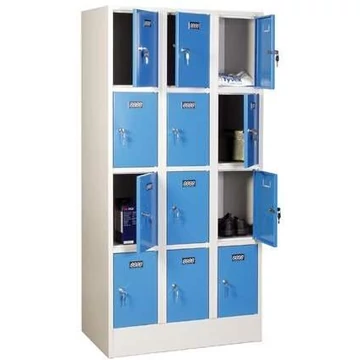 Hegesztett acélszekrény, vízszintesen osztva, 12 rekesz, szélesség 900 mm, az ajtó színe kék RAL5012