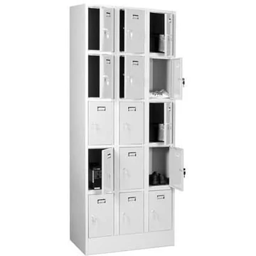 Hegesztett acélszekrény, vízszintesen osztva, 15 rekesz, szélesség 900 mm, az ajtó színe szürke RAL7035