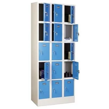 Hegesztett acélszekrény, vízszintesen osztva, 15 rekesz, szélesség 900 mm, az ajtó színe kék RAL5012