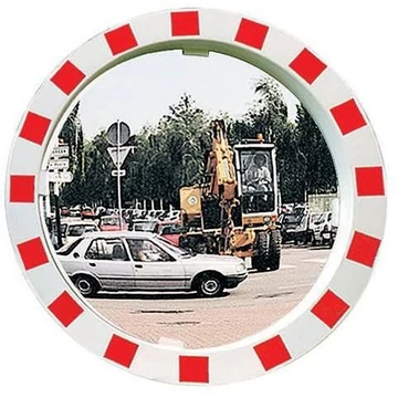 Forgalmi tükör kültérre, piros / fehér biztonsági kerettel, kerek alakú, átmérő: 1100 mm (tükör 900 mm)